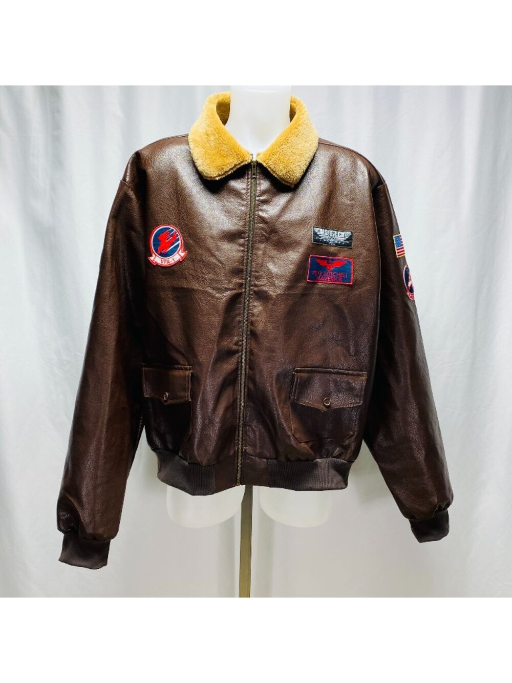 Top Gun Maverick Brown Faux Leather Bomber Jacket 2XL With Patches